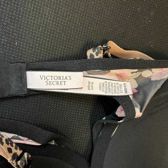 VICTORIA'S SECRET PUSH UP Black Pink Floral Leopard Print Underwire Bra 34DD - Picture 2 of 16